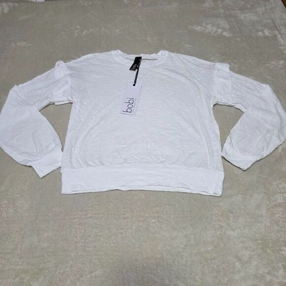 bobi Los Angeles Tops - Bobi Los Angeles XS White Long Sleeve Crewneck Banded Waist/Cuff Ruffle Armhole